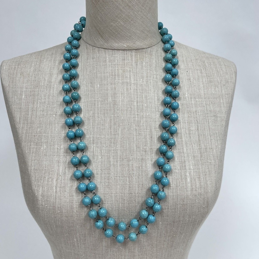 Blue Turquoise Beaded Silver-tone Women's Fashion Long Necklace & Earrings NWOT‎